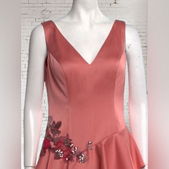 Marchesa Notte Coral Sleeveless Ruffle Floral appliqué Dress. - Picture 2 of 5